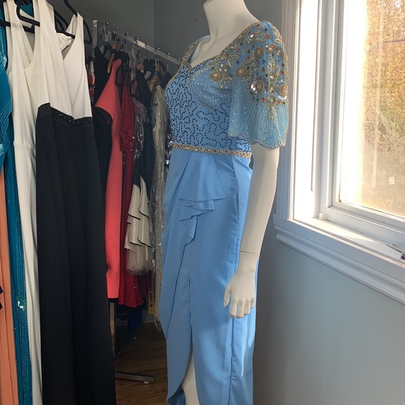 Virgos Loung Blue Beads Embellished Dress Tulip Midi Formal Small New - Picture 10 of 13